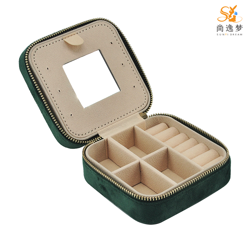 Green Color Velvet Double Layers Travel Jewelry Box with Mirror